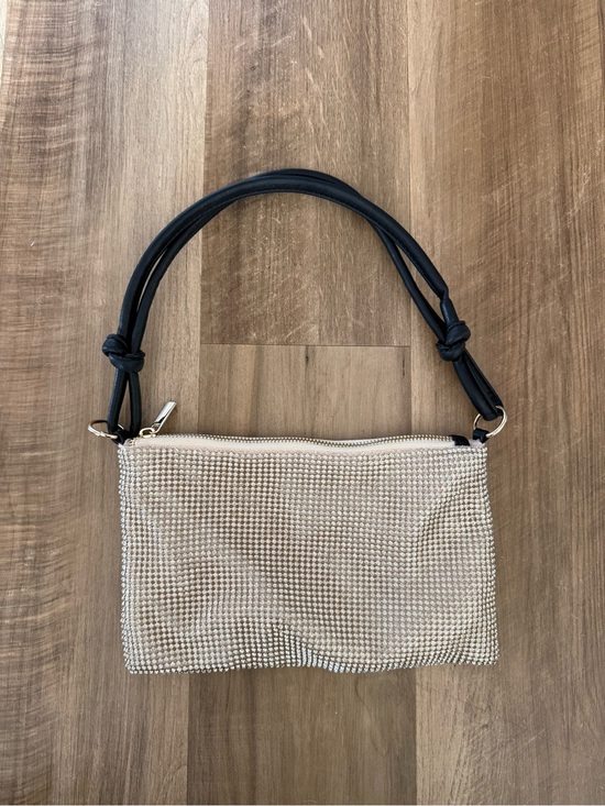Handbags - Crystal Mesh Evening Shoulder Bag in Cream with Black Strap